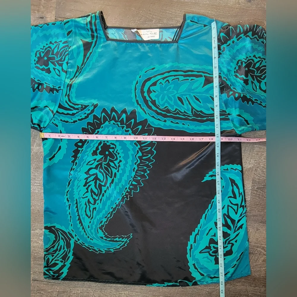 Oscar de la Renta for Swirl 80's 90's Vintage Kimono Blouse Womens M Black Teal - Picture 9 of 11